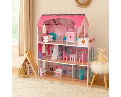 Houten Poppenhuis met Meubels - Dollhouse van Hout - Kinderspeelgoed voor Jongens en Meisjes - 79 Onderdelen en Accessoires - 70 cm - Roze