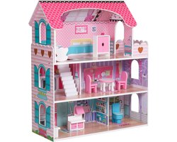 Houten Poppenhuis met Meubels en LED Verlichting - Dollhouse van Hout - Kinderspeelgoed voor Jongens en Meisjes - 79 Onderdelen en Accessoires - 70 cm - Roze