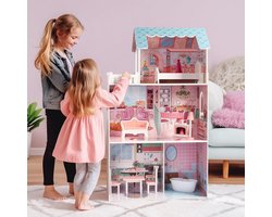 Houten Poppenhuis met Meubeltjes - 3 Verdiepingen en Balkon