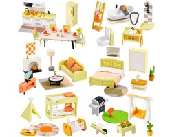 Houten Poppenhuis Meubels Set (36 Delen) met 4 Familiepoppen - Speelgoed voor Kinderen