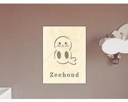 HOUTEN POSTER / WOODEN POSTER - MUURDECORATIE VOOR KINDERKAMER / WALL ART FOR KIDS ROOM - ZEEHOND / SEAL - 30 x 40cm - LICHT HOUT / NATURAL WOOD - WANDFIGUUR - BABYKAMER - WILDE DIEREN - OCEAAN