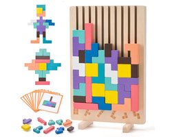 Houten puzzel educatief speelgoed voor kinderen, houten Tetris stapelpuzzel, 3D kleurrijke Tetris blokken met houder, Montessori leerspeelgoed voor kinderen van 3, 4, 5 en 6 jaar, cadeau voor jongens en meisjes
