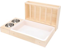 Houten Rabbit Hay Feeder met Litter Box en 2 RVS Schalen - Junk Proof Voedingskit voor Cavia's, Chinchilla's en Dwerghamsters