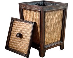 Houten Rotan Prullenbak - Afvalbak Deksel - Kamer Opruimen - Grote Capaciteit - 10 Liter - Natuurlijk