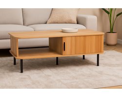 Houten Salontafel Japandi Stijl – Design Koffietafel met Schuifdeur & Opbergruimte – Moderne Woonkamertafel 100x60x40 cm – Ovale Hoeken – Verticale Latjes – Lichtbruin – Koffie tafel met Zwarte Poten- salon tafel-kleine tafel- houten tafel