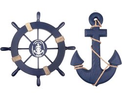 Houten scheepswiel en anker - nautische wanddecoratie - set van 2 - donkerblauw - hout