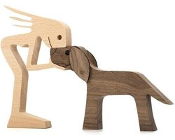 Houten sculpturen handgemaakte accenten ambachtelijke beeldje voor woondecoratie, familie- en puppyhouten handwerk, sculptuur voor thuis, kantoor, woonkamer (vrouwen en hond)