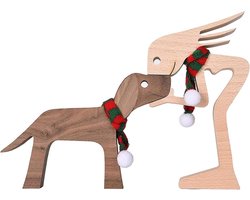 Houten sculptuur - Handgemaakt beeldje - Woondecoratie accent - Familie en hond - N.v.t. - Natuurlijk hout