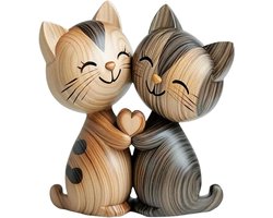 Houten sculptuur van een kattenpaar - 2D-platte bureaudecoratie met omarming - decoratie voor thuis en op kantoor - uniek cadeau voor kattenliefhebbers - 1 stuk