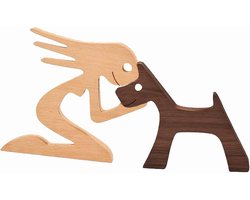 Houten Sculptuur van een Puppy - Houten Hond Menselijk Standbeeld - Beeldje van Mensen met een Hond - Geschikt voor bureaudecoratie - Kantoordecoratie - Cadeau voor hondenliefhebbers