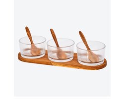 Houten serveerset - Glazen Kommen - Bijpassende lepels - Snackpresentatie