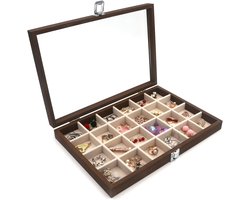 Houten Sieradenbox Met 24 Vakken Vergrendelbare Sieradenkist Opbergdoos Houten Nerf Display Organisatie Cadeau Voor Sieraden Collectie