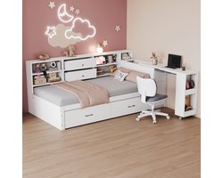 Houten slaapbank 90 x 200 cm, multifunctionele opbergruimte, verborgen opbergvakken en planken, 2 grote lades, multifunctioneel stopcontact, uitschuifbaar bureau, eenpersoonsbed, kinderbed, houten bed, wit