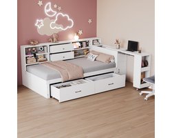 Houten slaapbank 90 x 200 cm, multifunctionele opbergruimte, verborgen opbergvakken en planken, 2 grote lades, multifunctioneel stopcontact, uitschuifbaar bureau, eenpersoonsbed, kinderbed, houten bed, wit