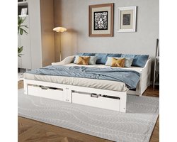 Houten slaapbank 90/180x200 cm, kinderbed, eenpersoonsbed, met twee opberglades, uitschuifbaar bed, slaapbank voor slaapkamer/woonkamer, wit