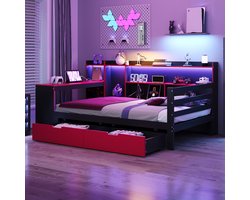 Houten slaapbank 90x200 cm, met bureau, boekenplank, opbergvakken en planken, geïntegreerde verlichting en stopcontacten, lades, multifunctioneel houten bed, zwart + rood