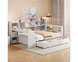 Houten slaapbank met bureau en opbergruimte - Multifunctioneel voor studeren en slapen - 90x200 cm, 1 persoon - Wit - Geïntegreerde boekenplank en stopcontact - 2 grote opberglades