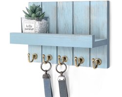 Houten Sleutelrek met Plank en 5 Haken, Decoratieve Wandplank voor Hal