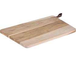 Houten snijplank serveerplank met leren hengsel - teak hout - 40 x 25 cm - makkelijk schoon te maken