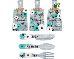 Houten snijplank set met blauw bloemenpatroon voor keuken en wanddecoratie - 6 delig - boerderijstijl - voor thuis en Thanksgiving