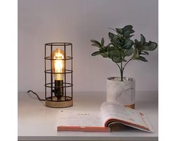 Houten sokkel metalen kooi-scherm bedlampje vintage steampunk industriële leeslamp voor slaapkamer - bureaulamp lichtdecoratie woonkamer kinderkamer kantoor.