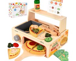 Houten Speelgoed Pizza Set voor Kinderen - 50 Delen Inclusief Pizza Oven en Snijder - Rollenspel Keuken Accessoires voor Kinderen vanaf 3 Jaar