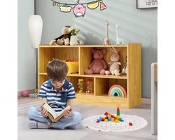 Houten Speelgoedkast voor Kinderen – Open Speelgoedrek met 5 Vakken – Kinderkast voor Boeken, Poppen & Knuffels – 111x30x61,5 cm – Montessori Opbergrek – Naturel