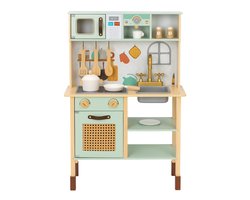 Houten Speelkeuken | 10-delig | Met Kookplaat met Knopjes, Lichtjes & Geluid | Pannetjes, Bestek & Servies