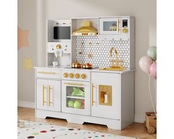 Houten Speelkeuken met Licht en Geluid - Wit - Inclusief IJsmachine Koffiezetapparaat Oven Magnetron Spoelbak en Accessoires - Rollenspel Keuken - Voor Jongens en Meisjes - Vanaf 3 Jaar