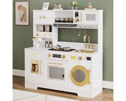 Houten Speelkeuken voor Kinderen - Met Realistisch Licht en Geluid - Inclusief Accessoires - Oven, Magnetron, IJsmaker & Koffiezetapparaat