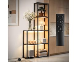 Houten Staande Lamp 168x78x30cm Dimbaar 2700K-6500K met 4 Glas Plank Hoekplank Hoeken LED Vloerlamp L-model voor Woonkamer Slaapkamer Kantoor Afstandsbediening + Voetschakelaar