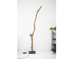 Houten staande vloerlamp met Led spiraal lamp (linnen kabel)