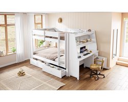 Houten Stapelbed 140x200 cm Wit Met Opbergruimte, Lattenbodem, Laden