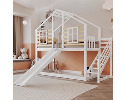 Houten stapelbed met trap en spijlen - massief houten kinderbed met glijbaan en raam - blokhut kinderbed met valbeveiliging - wit (90x200 cm)