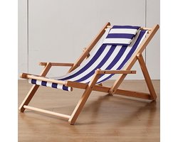 Houten Strandstoel - Opvouwbare Ligstoel - Ontspannen in de Zon - 4 Verstelbare Posities - 54x104x81.5CM - Blauw