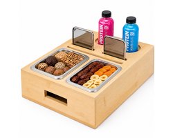 Houten Tafel Organizer - Snack- en Drankhouder met 2 Bakjes en 2 Flessenhouders - Houten Opbergbak voor Snacks, Glazen en Flessen - Tafeltray met Onderzetters en Telefoonhouder - Dienblad van Bamboe