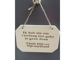 Houten tekst bordje 23.1 x 15.6 x 1.5 “ Ik heb zin om vandaag iets geks te gaan doen Thuis blijven bijvoorbeeld”
