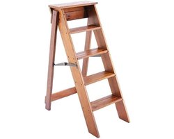 Houten trapladder kruk - Vouwkruk multifunctioneel - Veilig klussen thuis - Stevig massief hout - 5 treden breed - Geel