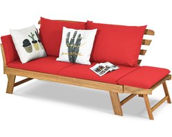 Houten Tuinbank met Ligfunctie – 2-3-Zits, Inklapbare Armleuningen & Kussen, Rood