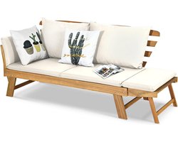 Houten Tuinbank met Ligfunctie voor 2-3 Personen - Inklapbare Zijleuningen - Geschikt voor Tuin en Terras (Wit)