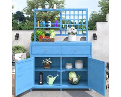 Houten tuinkast - Opbergkast buiten - Tuinspullen organiseren - Met werkbank - 100 cm breed - Blauw