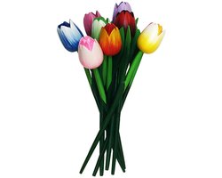 Houten tulpen mix boeket 8 stuks 33cm - Gekleurde tulp bloemen boeket - Hollandse tulpen - Holland souvenirs - Kunstbloemen - Kunst tulpen
