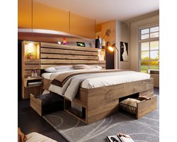 Houten tweepersoonsbed 160x200 cm met LED-spotjes en USB Type-C-aansluiting, verlichte nis, zwevende nachtkastjes, opbergruimte onder het bed met lades, eikenhouten look, exclusief matras