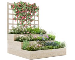 Houten verhoogd tuinbed 3 niveaus met klimrek – Verticale plantenbak & moestuinbak voor terras en balkon 112 x 115 x 115 cm