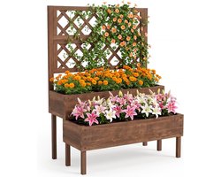 Houten Verhoogde Moestuinbak met Klimrek - 2 Niveaus Plantenbak op Poten - Voor Balkon, Terras & Tuin - Bruin