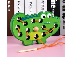 Houten veterspeelgoed krokodil - Vanaf 2 jaar - Educatief montessori speelgoed - Peuter speelgoed - Reisspeelgoed - Speelgoed voor onderweg