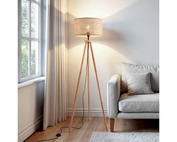 Houten vloerlamp driepoot met rotan kap - Vime
