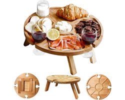 Houten Vloertafel - Opvouwbare picknicktafel - Outdoor genieten - Met vier glazen houders - 33 x 335 cm - Houtkleur