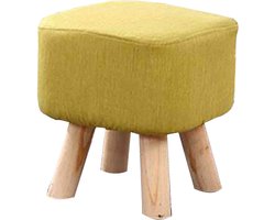 Houten Voetbank - Kleine Poef - Ontspanning Thuis - Afneembare Linnen Hoes - 35x35x35cm - Geel