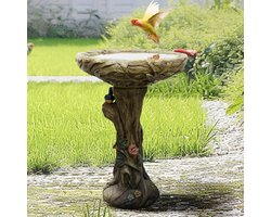 Houten Vogelbad Fontein met Decoratieve Vogels - 65cm Betonnen Tuinfontein met Houtnerf Afwerking | Duurzaam & Weerbestendig voor in de Tuin